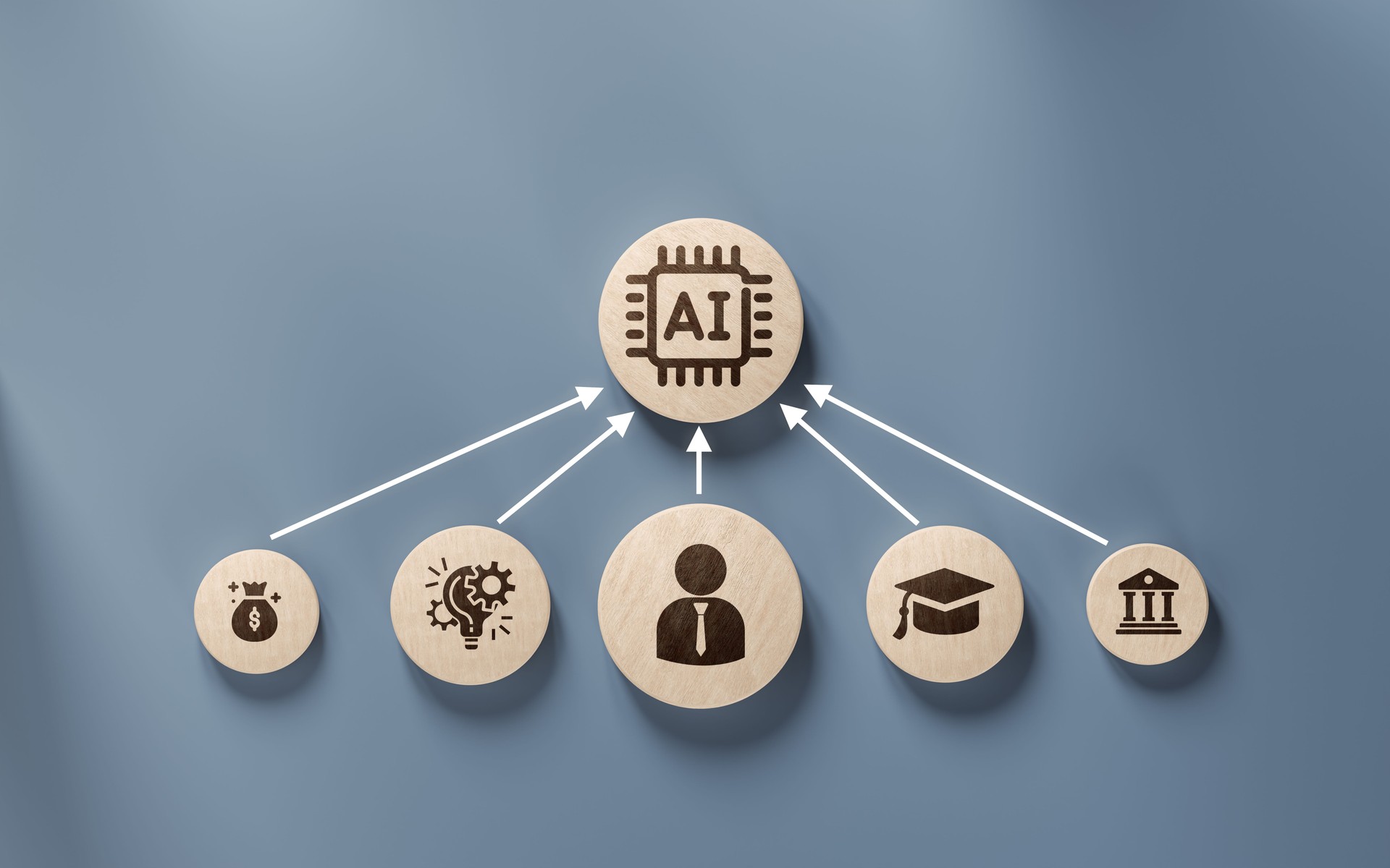 application of artificial intelligence in everyday life: generation of ideas, training, education, laws, ideas, modernization icons on wooden cubes. blue background